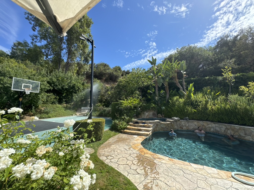 Backyard pool and basketball court